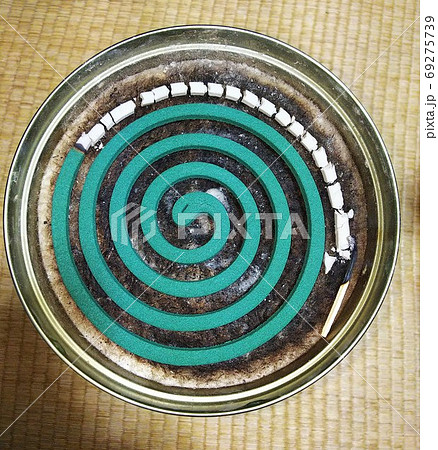 使い古した畳を背景に昔ながらの蚊取線香と燃えかすの灰とマッチ棒 使い古した畳を背景に昔ながらの蚊取線香と燃えかすの灰とマッチ棒 69275739