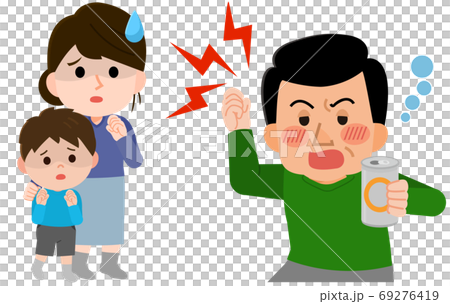 泥酔して怒る男性 困る家族 イラストのイラスト素材
