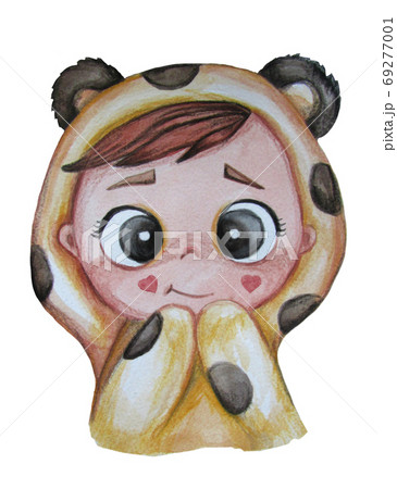 Childrens Day. Cute and funny baby in cozy kigurumi pajamas with ears - white teddy bear with black spots. Watercolor. hand drawing. isolate on white background. For design, postcards, decor Childrens Day. Cute and funny baby in cozy kigurumi pajamas with ears - white teddy bear with black spots. Watercolor. hand drawing. isolate on white background. For design, postcards, decor 69277001