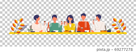 秋の食事とワインを楽しむ男女のイラスト 69277278
