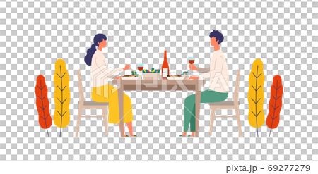 男人和女人享受秋季餐和酒的插圖 69277279