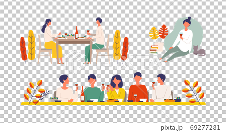 男人和女人享受秋季餐和酒的插圖 男人和女人享受秋季餐和酒的插圖 69277281