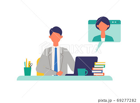 職場からのテレビ会議をする男性のイラスト 69277282