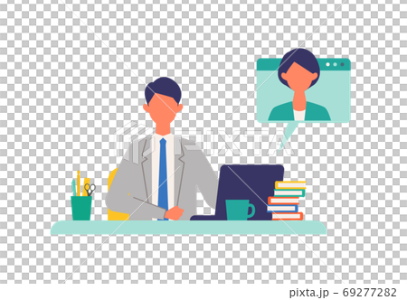 職場からのテレビ会議をする男性のイラスト 69277282