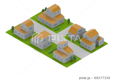 緑が多い住宅街 上空からの街並み 住宅と木々 たくさんの家 のイラスト素材
