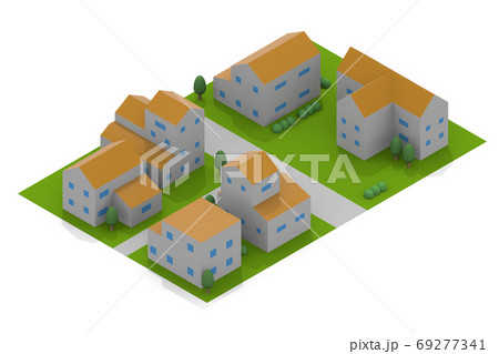 緑が多い住宅街。上空からの街並み。住宅と木々。たくさんの家。の 