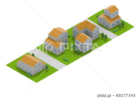 緑が多い住宅街 上空からの街並み 住宅と木々 たくさんの家 のイラスト素材
