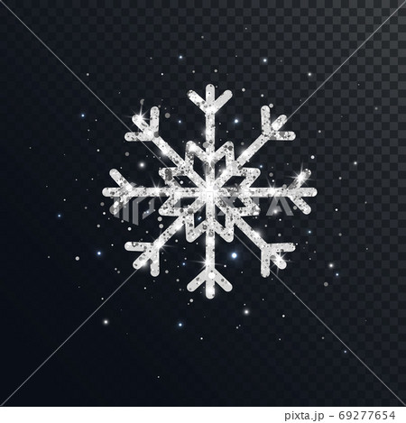 Glitter silver snowflake on dark transparent background. Shining Christmas design with sparkles and stars. Winter holiday luxury decoration for cards, invitation, poster, banner. Vector illustration 69277654