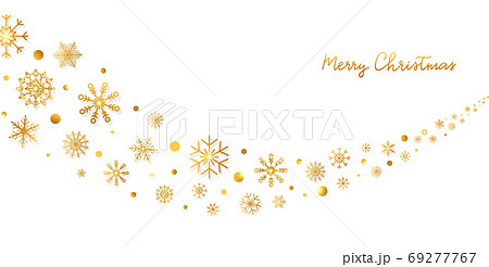 Golden snowflakes border in wave shape. Glitter gold snowflakes and snow with stars on white background. Merry Christmas and Happy New Year design for card, banner, invitation. Vector illustration 69277767