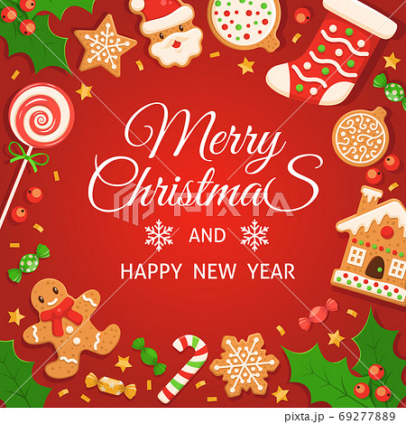 Gingerbread background. Merry christmas and happy new year poster with gingerbreads, cane candy and lollipop, gifts and winter decor, vector december holiday postcard or banner with text 69277889