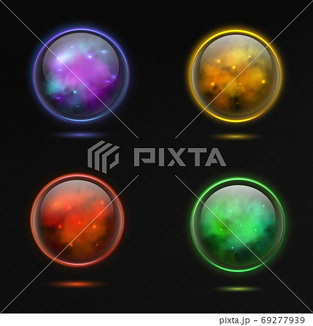 Magical sphere. Glass glowing 3d magic globe and shiny lightning, spiritual crystal orb, occult shine energy purple and yellow, red and green balls, colored realistic vector isolated set Magical sphere. Glass glowing 3d magic globe and shiny lightning, spiritual crystal orb, occult shine energy purple and yellow, red and green balls, colored realistic vector isolated set 69277939