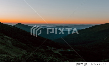 Sunrise in the Carpathians near Mount Pip Ivan, the saddle of Montenegro, a camping town in the saddle. 69277966