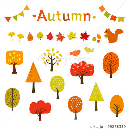 秋の紅葉や木々 動物のイラストセットのイラスト素材