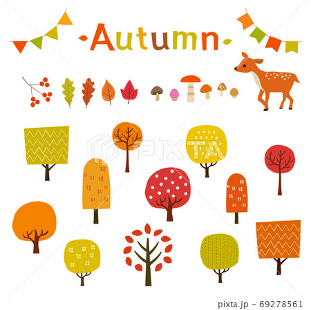 秋の紅葉や木々 動物のイラストセットのイラスト素材