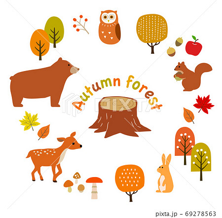秋の動物 木や紅葉のイラストセットのイラスト素材