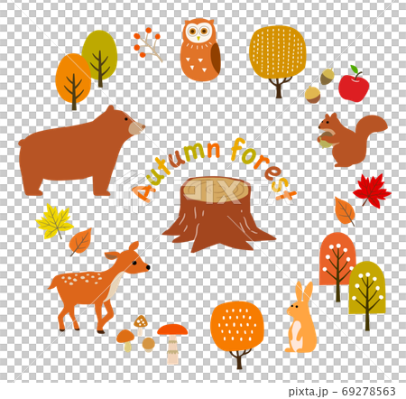 秋天的動物,樹木和樹葉的插圖集 秋天的動物,樹木和樹葉的插圖集 69278563