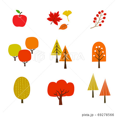 秋の紅葉や木々アイコンセット 手描きのイラスト素材