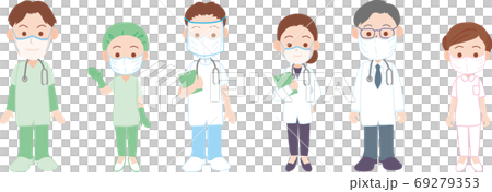 一列に並んでマスクをしている医療従事者 69279353