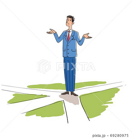 Thoughtful businessman standing on crossroads 69280975