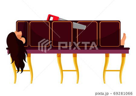 Trick with sawing woman isolated on white backdrop 69281066