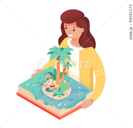 Girl with pop up book. Smiling cute kid reads story about fisherman living on island, fishing. Girl with pop up book. Smiling cute kid reads story about fisherman living on island, fishing. 69281173