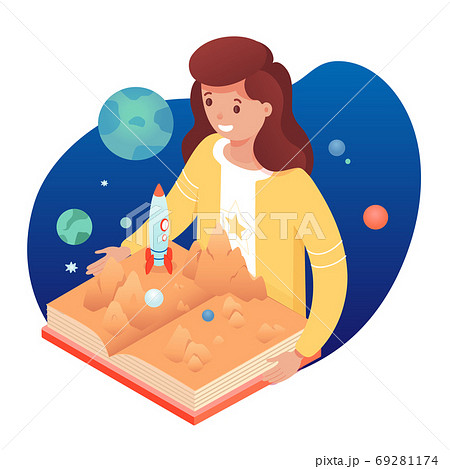 Girl with pop up book. Smiling cute kid reads story about space, spaceship, galaxy planets. Educational textbook with three-dimensional pages develops imagination. Vector character illustration. Girl with pop up book. Smiling cute kid reads story about space, spaceship, galaxy planets. Educational textbook with three-dimensional pages develops imagination. Vector character illustration. 69281174
