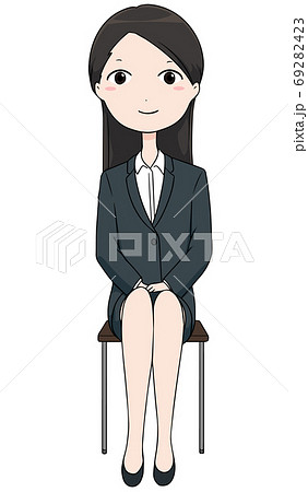 椅子に座る面接を受けるスーツ姿の就活生の女の子のイラスト素材