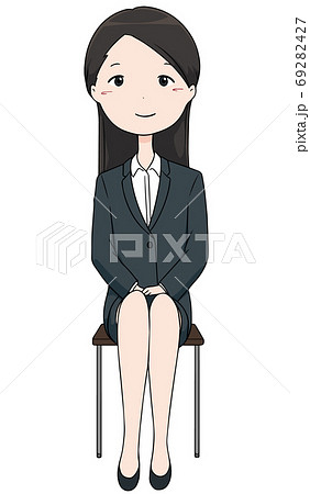 椅子に座る面接を受けるスーツ姿の就活生の女の子のイラスト素材