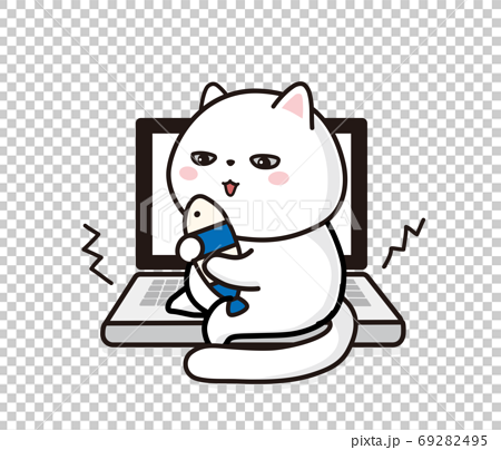 パソコンの上で遊ぶ白猫のイラスト素材
