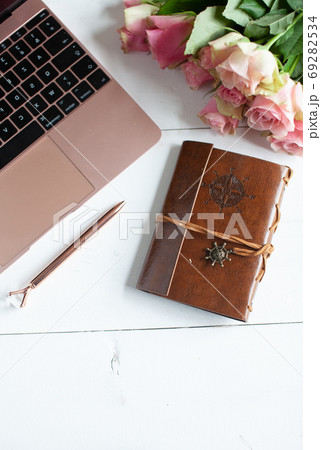 Stylized office desk of a woman. Stylized office desk of a woman. 69282534