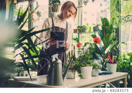 Experienced Florist Examines Characteristic of New Flower. Experienced Florist Examines Characteristic of New Flower. 69283575