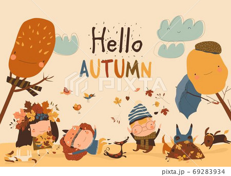 Happy kids playing with autumn leaves. Hello autumn 69283934