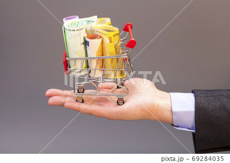 Shopping cart with euro banknotes on hand isolated on gray 69284035