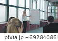 A young female manager stands near a flipchart, gives a presentation to her colleagues and discusses with them. Creative office interior. Coworking. Office life. Workers 69284086