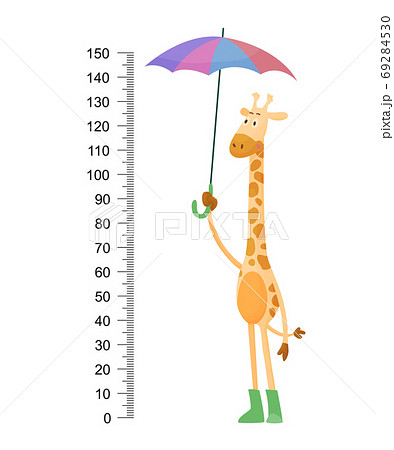 Funny giraffe. Cheerful funny giraffe with long neck. Giraffe meter wall or height chart or wall sticker. Illustration with scale from 2 to 150 centimeter to measure growth Funny giraffe. Cheerful funny giraffe with long neck. Giraffe meter wall or height chart or wall sticker. Illustration with scale from 2 to 150 centimeter to measure growth 69284530