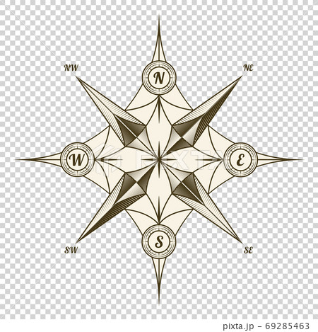 Vintage nautical compass. Old vector design element for marine theme and heraldry on transparent background. Hand drawn wind rose 69285463