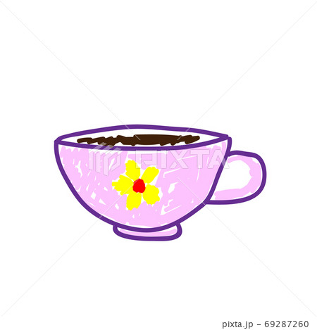 Pink tea cup with a picture of a flower in a deliberately childish style 69287260