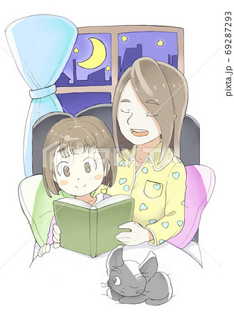 寝る時間になって娘がお母さんにベッドで本を読んでもらっているところのイラスト素材 寝る時間になって娘がお母さんにベッドで本を読んでもらっているところのイラスト素材
