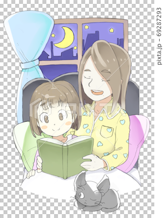 寝る時間になって娘がお母さんにベッドで本を読んでもらっているところのイラスト素材