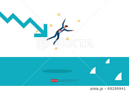 finance crisis concept with business man character. money fall down with arrow decrease symbol. economy business stretching global lost bankrupt. cost declining reduction or loss of income profit 69289941