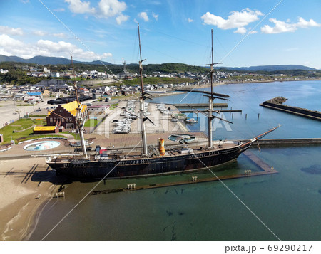 北海道江差町で江差港マリーナと開陽丸の風景を空撮 北海道江差町で江差港マリーナと開陽丸の風景を空撮 69290217