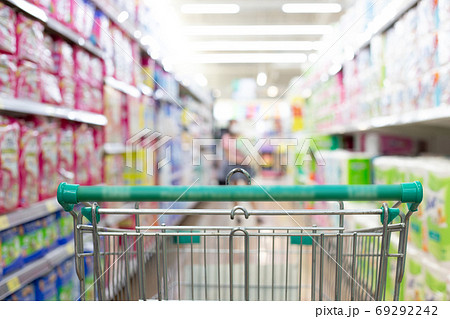 Shopping cart in supermarket, Abstract blurred photo in shopping malls, Cart in the market concept. 69292242