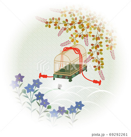 秋の野の草と虫篭。日本の伝統柄 69292261