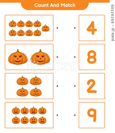 Counting game, count and match pumpkins educational children game, printable worksheet, vector illustration Counting game, count and match pumpkins educational children game, printable worksheet, vector illustration 69293509