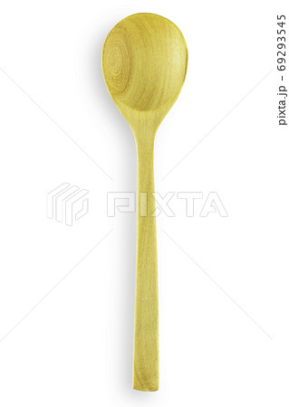 Handmade empty wooden spoon on white isolated background with clipping path in top view flat lay studio shot for natural design. Long handle wood spoon for soup or stir. Kitchenware concept. 69293545