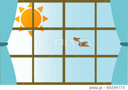 小鳥が飛ぶ朝の窓の風景のイラストのイラスト素材