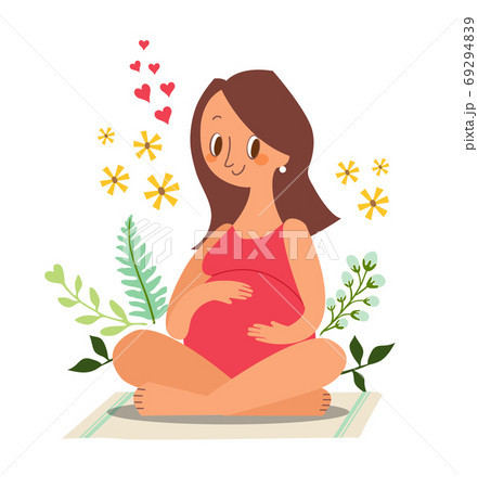 Pregnant Woman Sitting And Touching Her Big Belly のイラスト素材