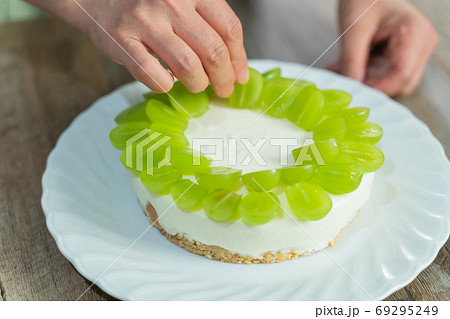 シャインマスカットのレアチーズケーキを作る女性の手元 デコレーション シャインマスカットのレアチーズケーキを作る女性の手元 デコレーション 69295249
