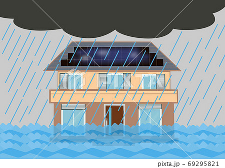 住宅浸水イメージ　大雨　洪水　浸水　豪雨被害イメージ 69295821