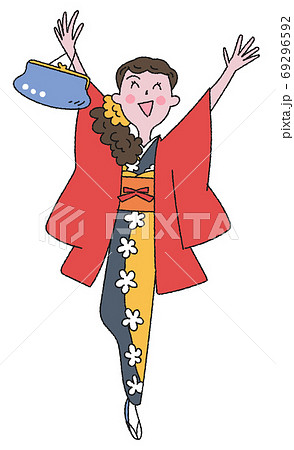 着物をきて万歳してはしゃぐ女性 イラストのイラスト素材